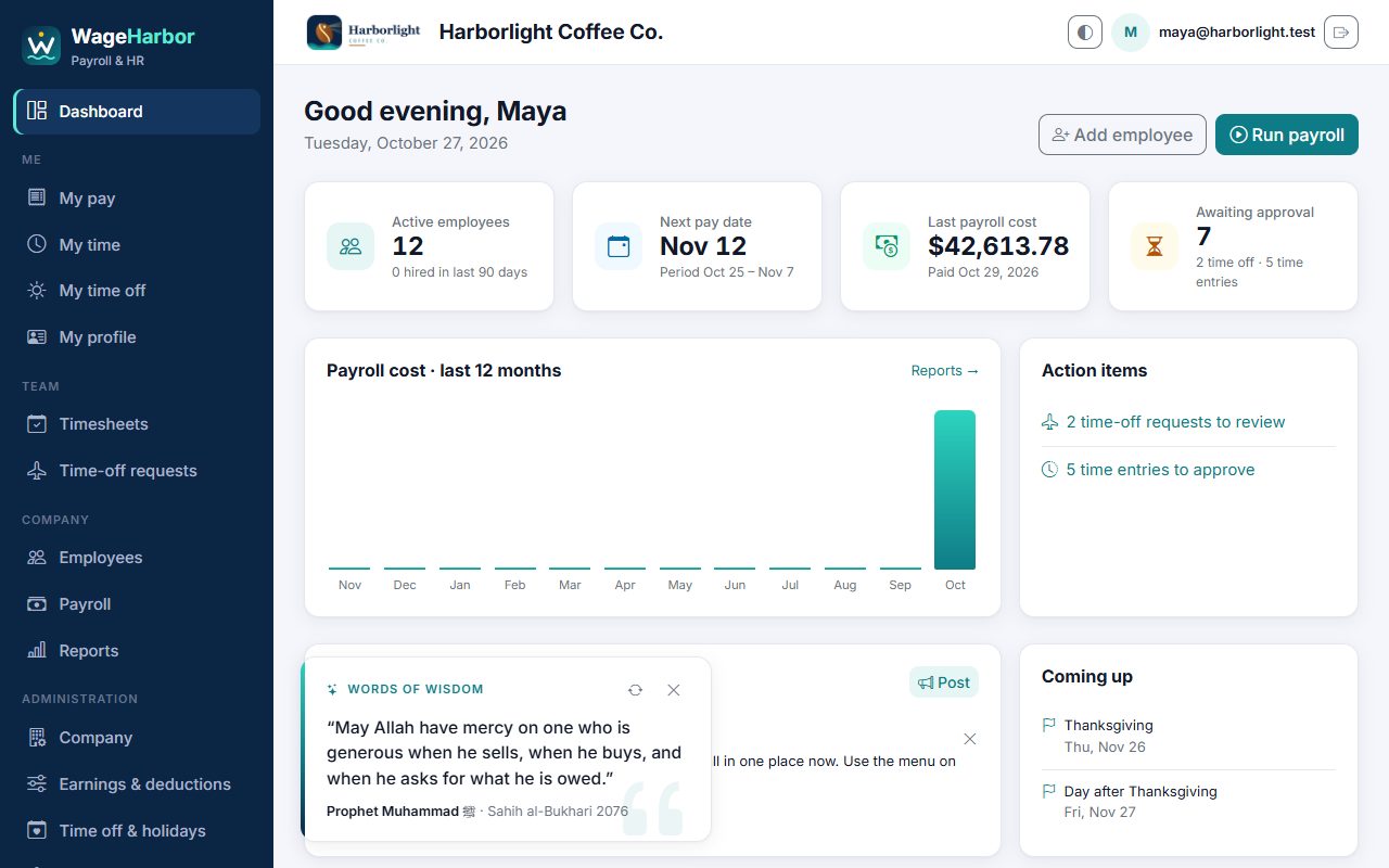 The WageHarbor dashboard for a small coffee company